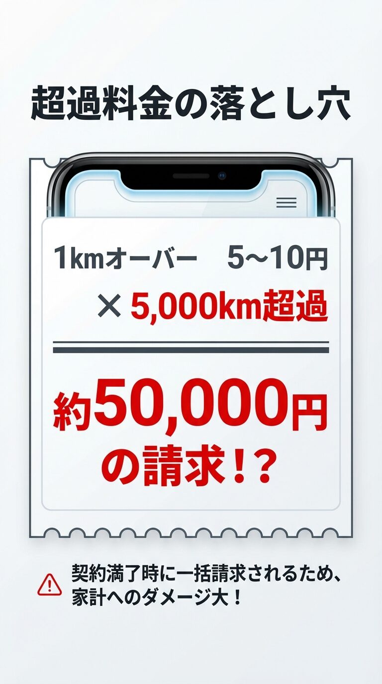 距離超過料金のシミュレーション 1kmオーバーで5〜10円、5,000km超過すると約50,000円の一括請求が発生することを示す注意喚起のスライド。