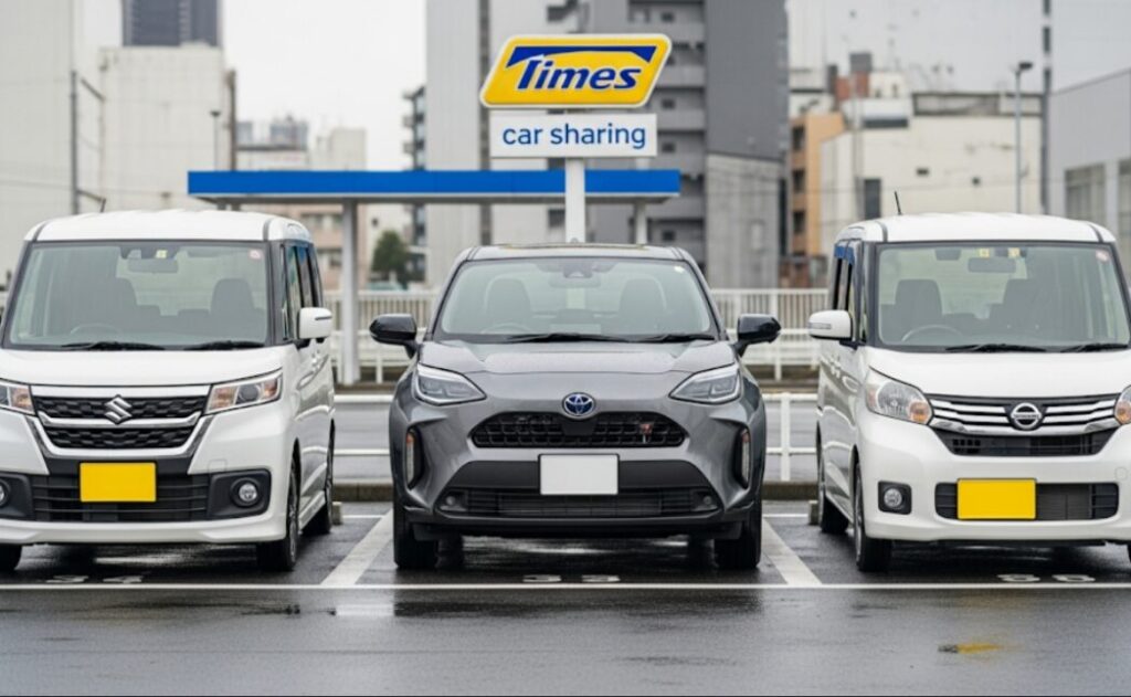 タイムズカーシェアのステーションに停まっている3台のコンパクトカー（ソリオ、ヤリスクロス、ルークス）を、正面から見た様子。それぞれの車の特徴的なデザインが分かる。