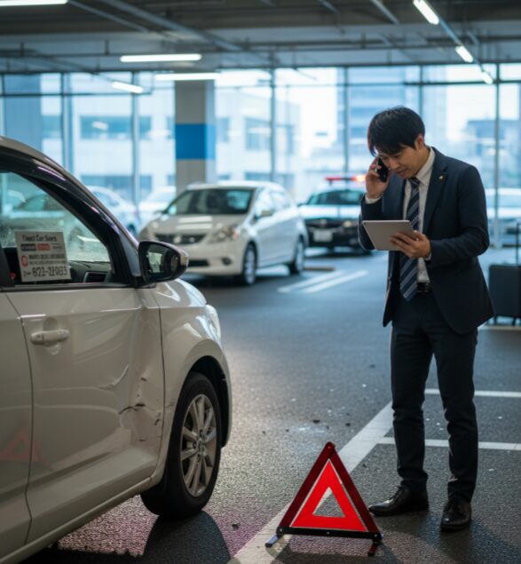 タイムズカーシェア利用中に事故を起こした際の、安全確保と連絡手順を示す日本人男性。