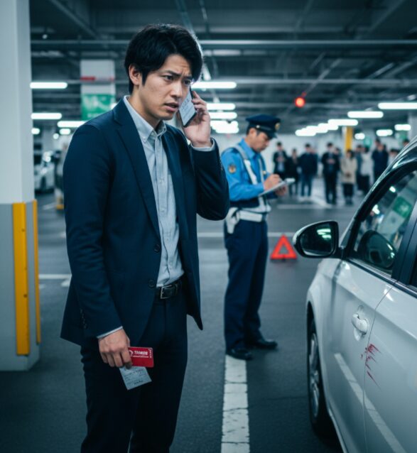 駐車場で車を擦ってしまい、困惑した表情で車の傷を見つめる日本人男性。