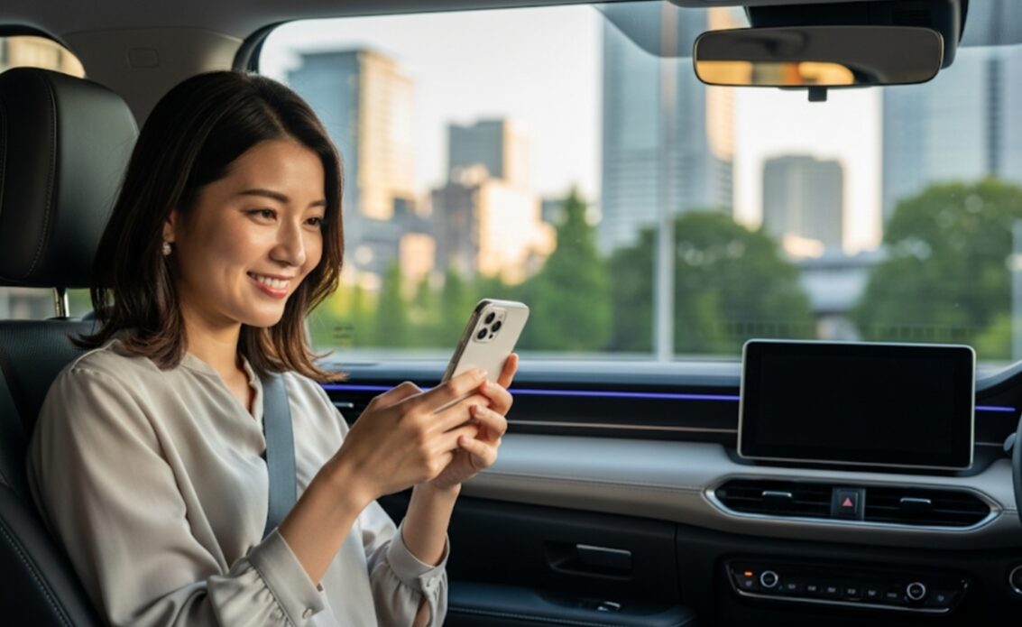 カーシェアの車内で笑顔でスマートフォンを操作する日本人女性。車内の窓から美しい日本の街並みがぼやけて見える。