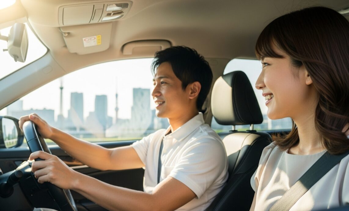 晴れた日の都市の幹線道路を走行する日本人のカップル。男性が運転し、女性が助手席で微笑み、背景には日本の都市のビル群が広がっている。