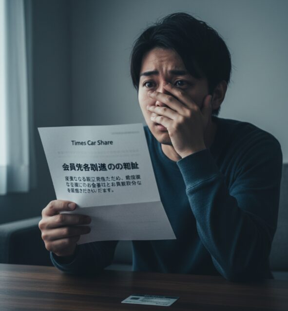 短期間の複数回の事故により、タイムズカーシェアの会員資格取り消し通知を受け取り落胆する日本人男性。
