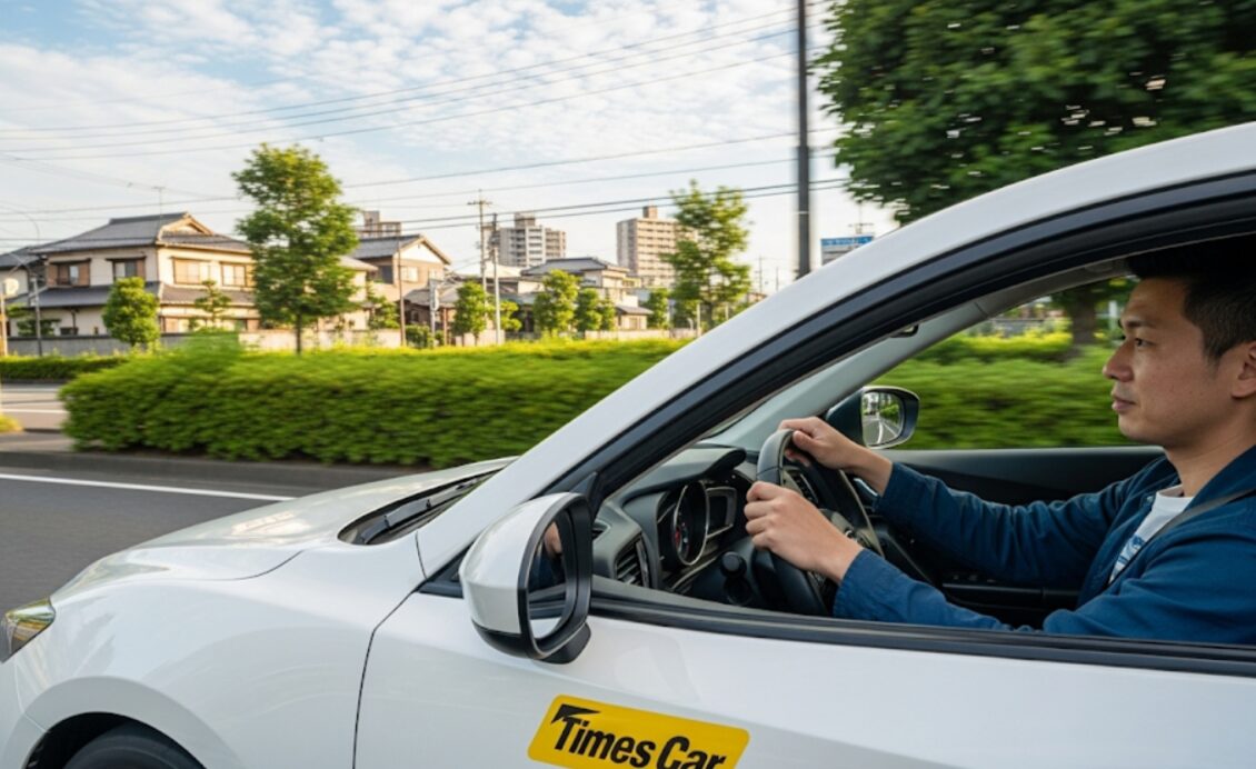 タイムズカーシェアのロゴが見える車を運転する日本人男性。車窓から緑豊かな日本の郊外の道と街並みが広がり、穏やかな雰囲気を醸し出している。