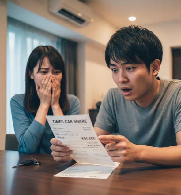 タイムズカーシェアの事故で発生する費用、特にNOCの請求書を見て困惑する日本人男性。