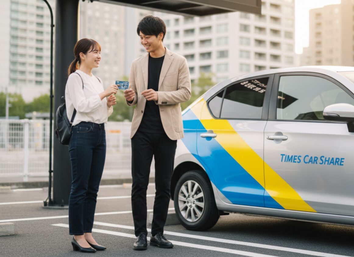 タイムズカーシェアのロゴが入った車両とデジタル表示板の前に立つ笑顔の日本人男女。男性が女性にカーシェアのカードを渡している。