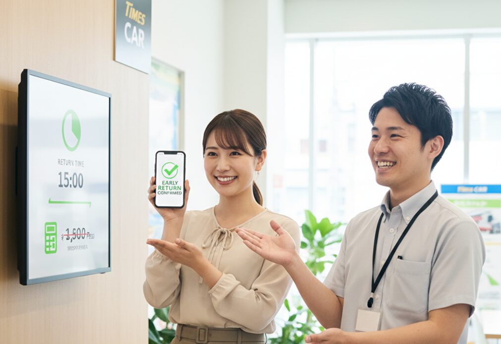 タイムズカーのサービスカウンターで、返却時間と料金についてスタッフから説明を受ける日本人女性。女性はスマートフォンに表示された「EARLY RETURN CONFIRMED」の画面を見せ、お得な料金プランに満足している様子。