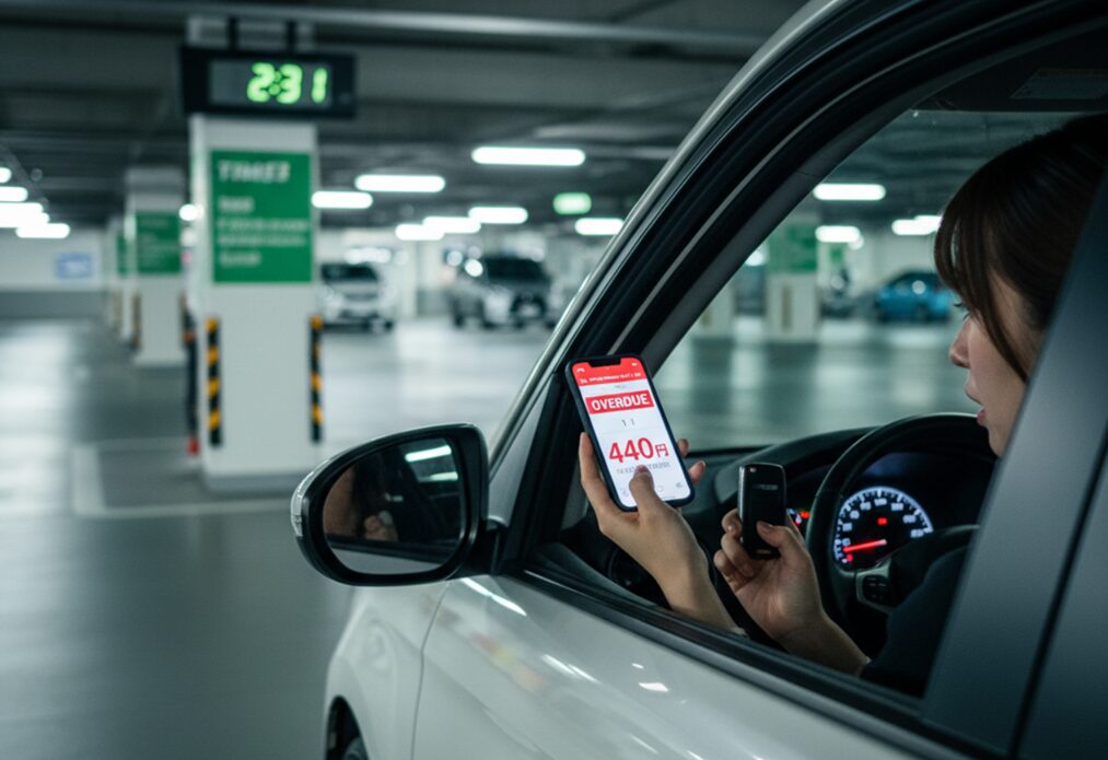 タイムズカーシェアの地下駐車場で、返却時間に遅れてしまいスマートフォンに表示された超過料金に驚く日本人女性。スマホ画面には赤い文字で「OVERDUE 440円」と表示されており、時刻表示が2:31を指している。