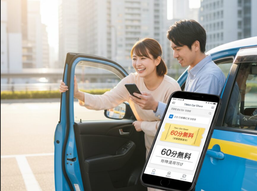 タイムズカーシェア車両のそばでスマートフォンを操作し、笑顔を見せる日本人カップル。スマートフォンの画面には「60分無料」と表示されたカーシェアeチケットの画像が重ねて表示されている。