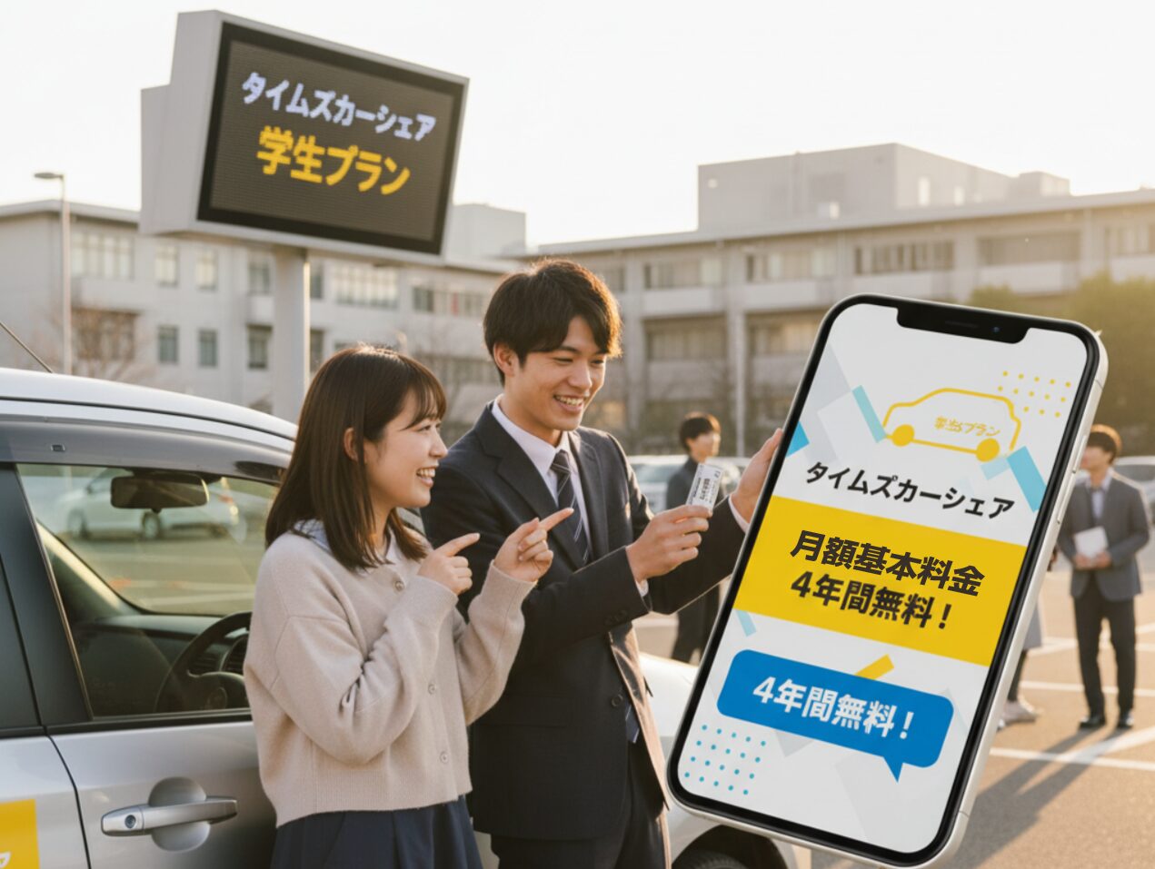 タイムズカーシェアのステーションで、カーシェア車両とデジタル表示板の前に立つ笑顔の日本人大学生らしき男女。男性がスマートフォンを持ち、画面には「タイムズカーシェア 学生プラン 月額基本料金 4年間無料！」の文字が表示されている。