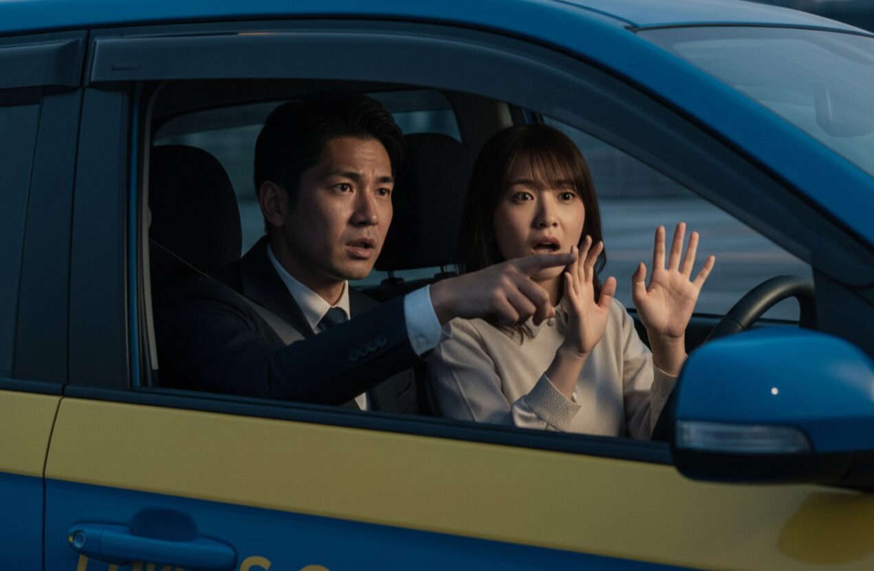 タイムズカーシェアの車両に乗車している日本人男女。男性が運転席で驚いた表情で前方を指差し、助手席の女性はハンドルを握りながら同様に驚いた表情で手を広げている。車の屋根には「警告！非会員の運転は絶対。保険適用外」と表示された注意喚起の表示板がある。