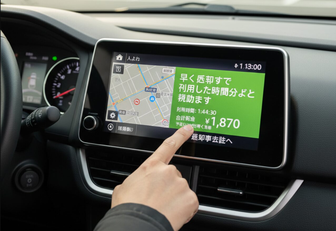 タイムズカーシェアで予定より早く返却した場合の料金計算の仕組みを示すカーナビ画面。実際に利用した時間分だけ料金が請求される柔軟なシステムを視覚的に表現。