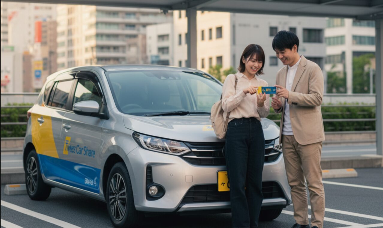 タイムズカーシェアのステーションで、カーシェア車両の横に立つ笑顔の日本人男女。男性が女性にタイムズカーシェアのカードを見せている。背景には都市の建物が見える。