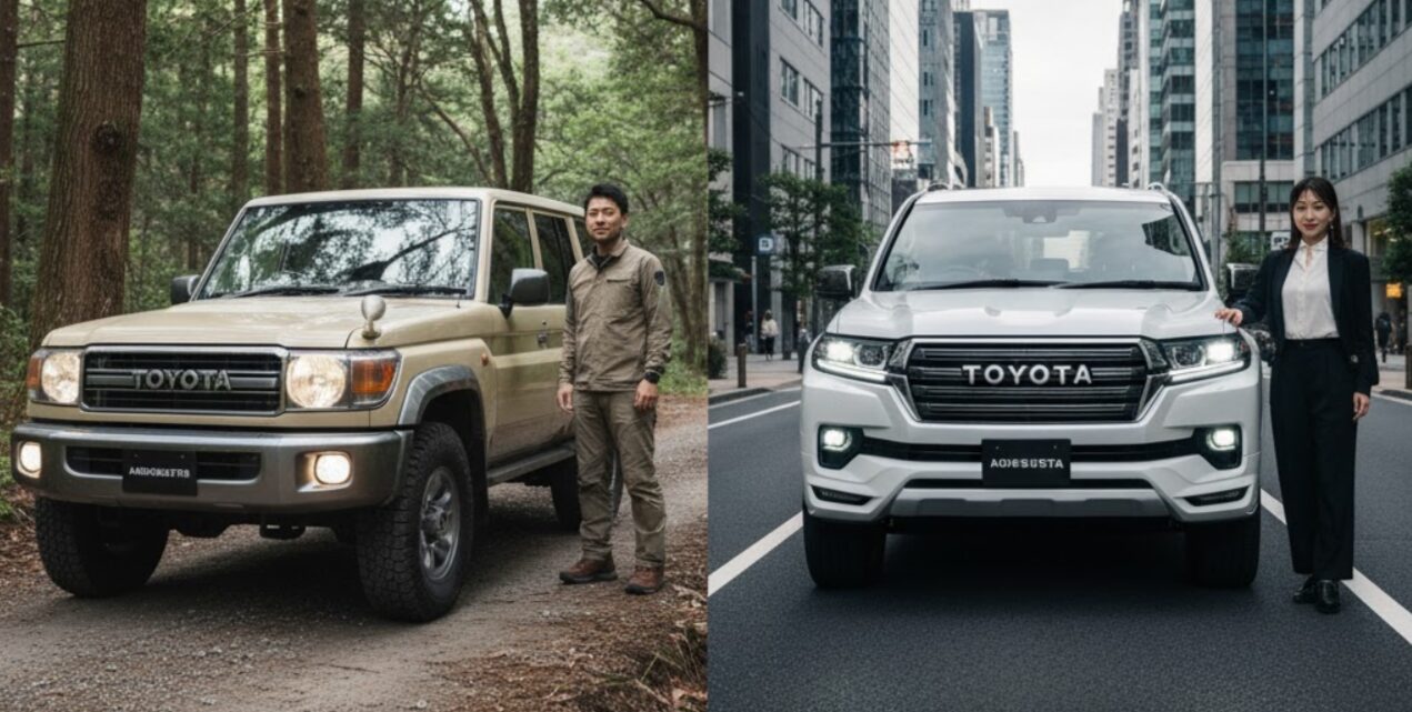 ランドクルーザー70とランドクルーザー250モデリスタの違いを比較する日本人モデル。70は森の中で力強く、250は都会で洗練された姿。