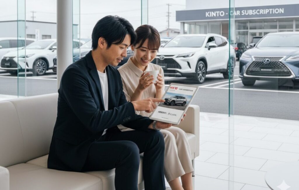 自動車販売店のショールームで、タブレットを操作しながらKINTOのサブスクリプションサービスについて話し合うカップル