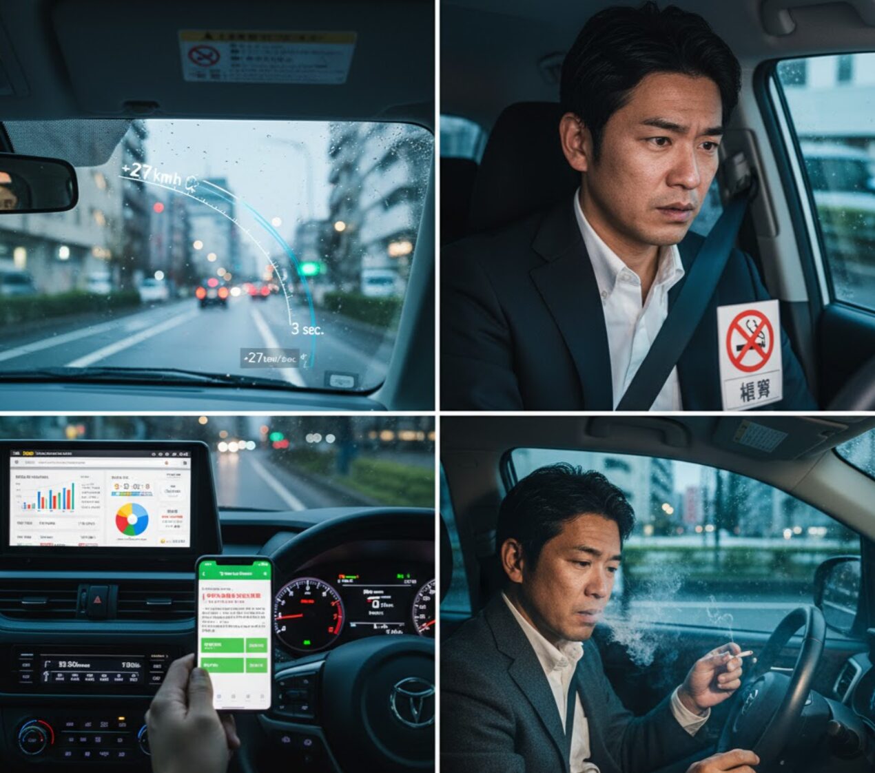 タイムズカーシェアの運転でペナルティを心配し、不安そうな表情でハンドルを握る日本人ドライバー