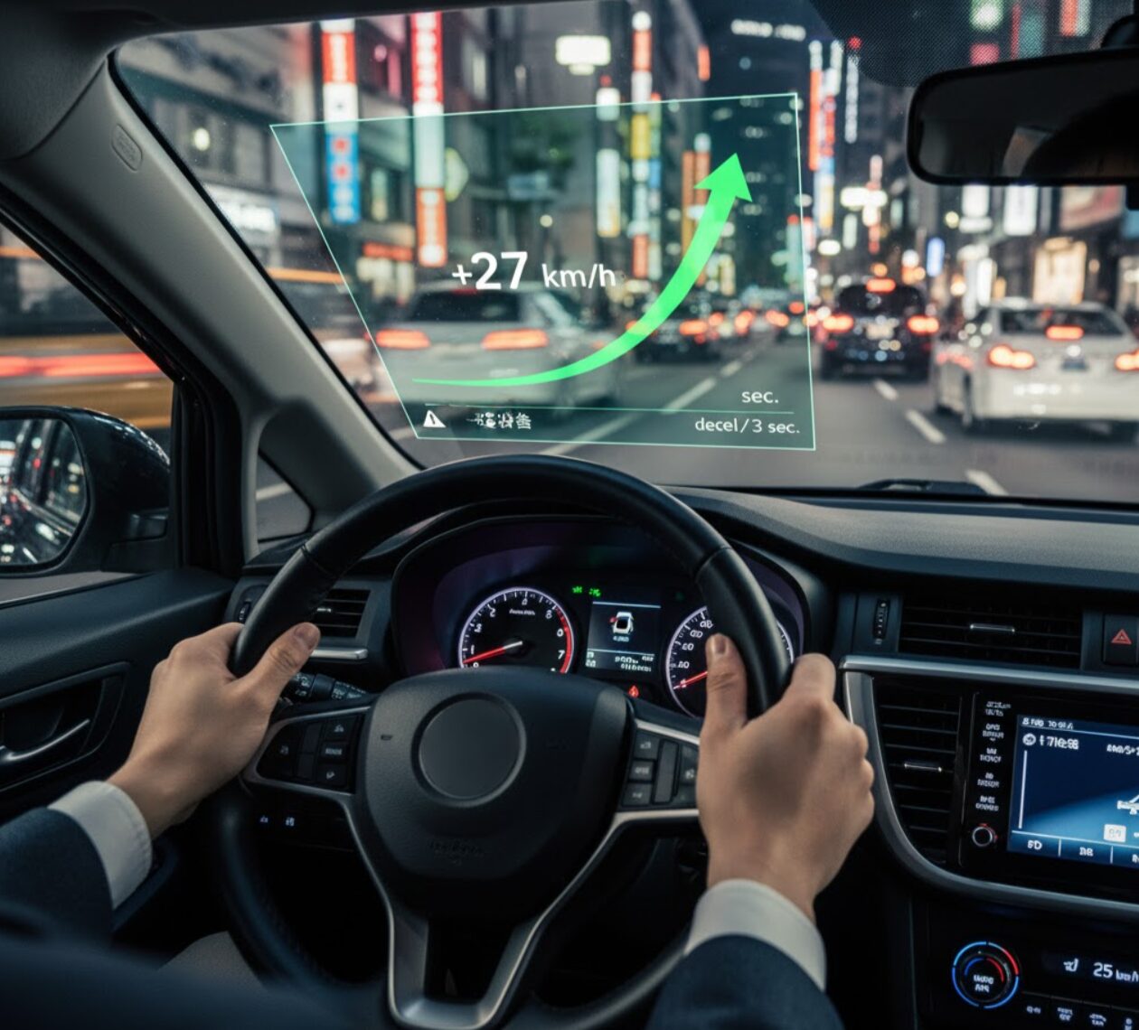 タイムズカーシェアで検知される急加速の瞬間を示す、速度計の針が急激に上がっている様子のクローズアップ