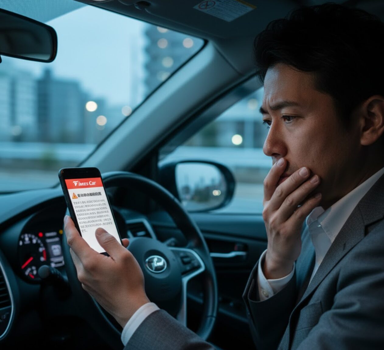タイムズカーシェアから危険運転の警告メールが届き、スマートフォンを見て深刻な顔をする日本人利用者