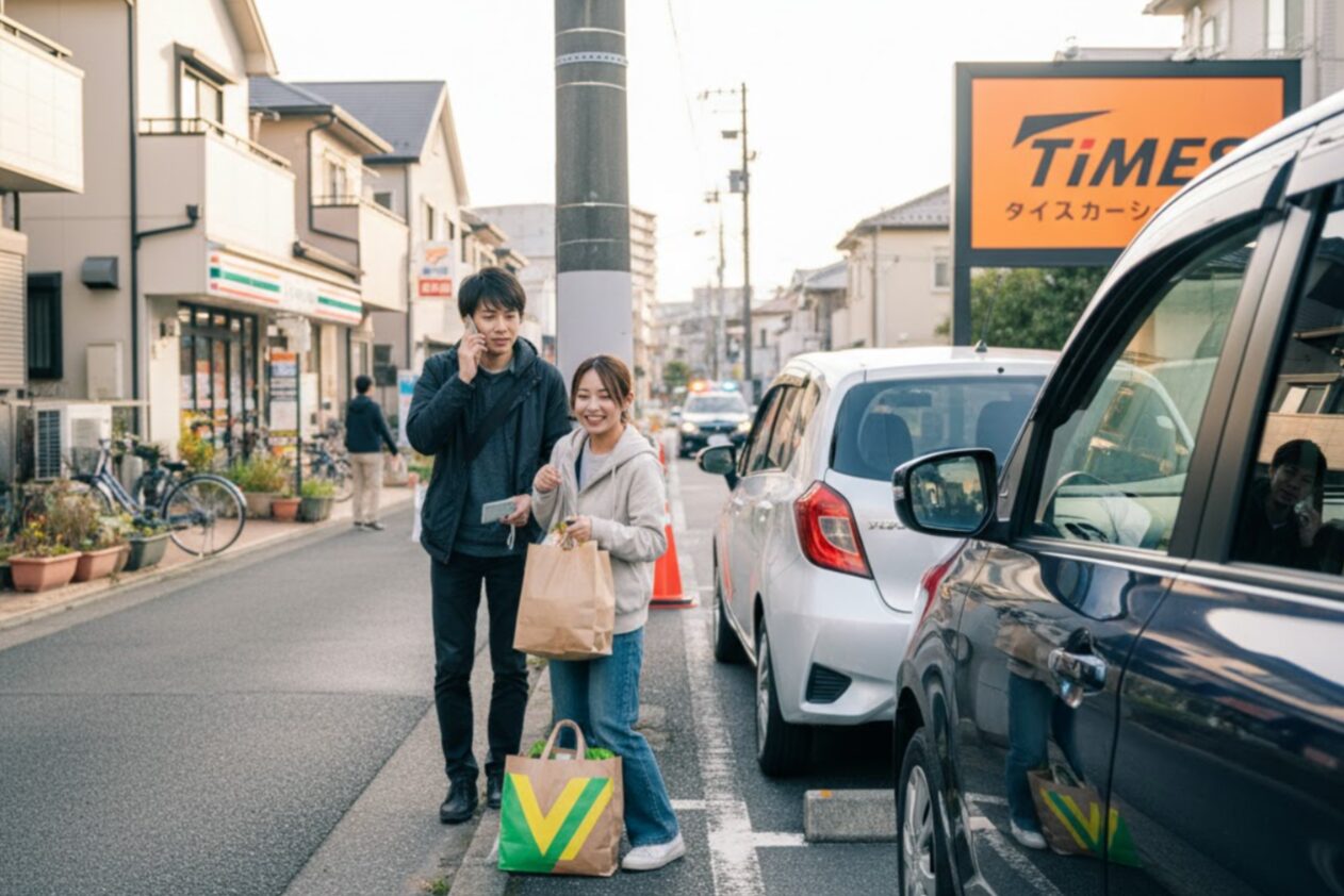 タイムズカーシェアのステーションで、初心者マークをコンパクトカーに貼り付けようとしている日本人女性。