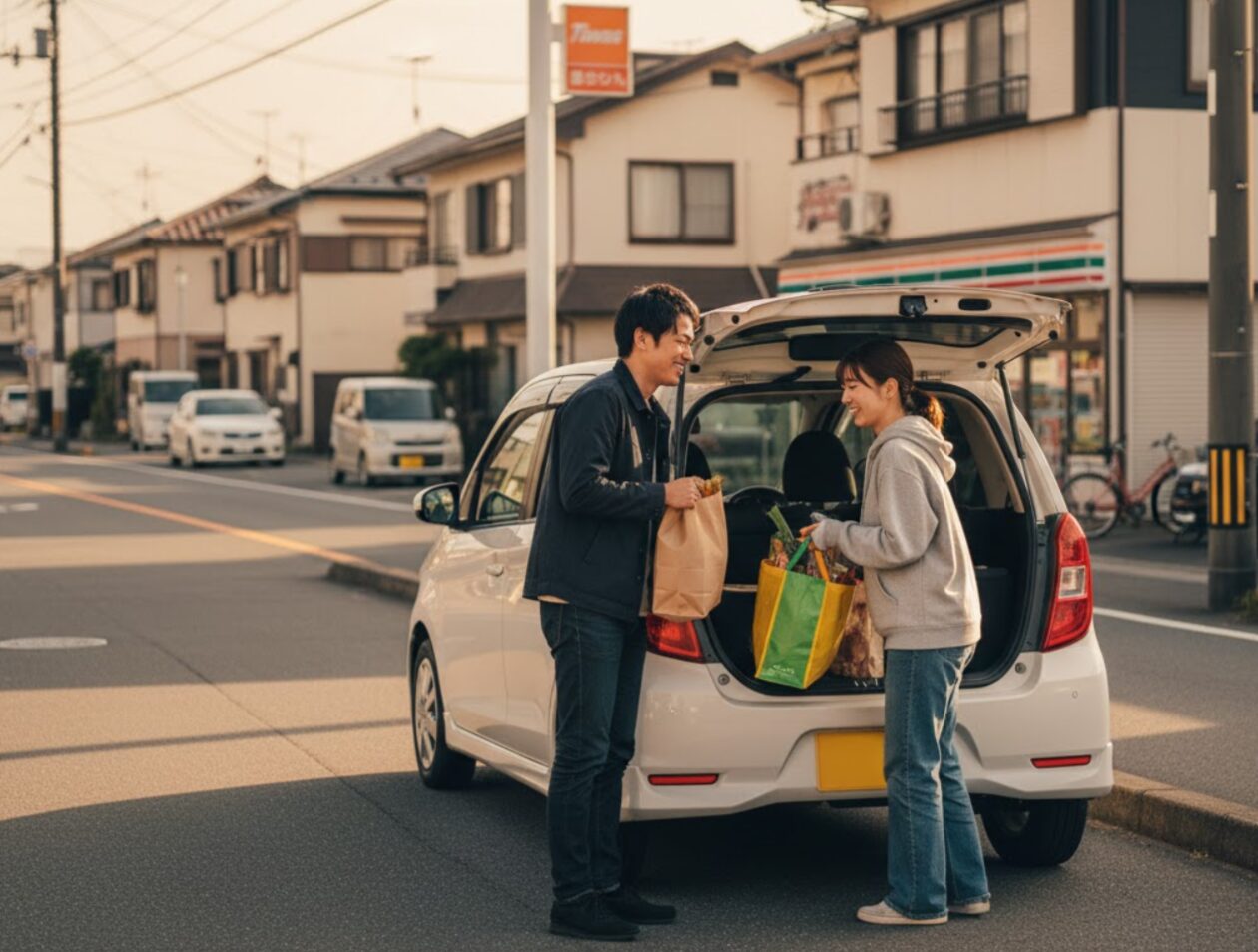 タイムズカーシェアの車に買い物袋を積み込んでいる楽しそうな若い日本人カップル。