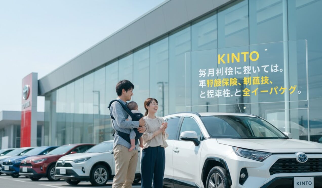自動車販売店の前で、赤ちゃんを抱っこした夫婦がKINTOの車とサービスについて話している様子