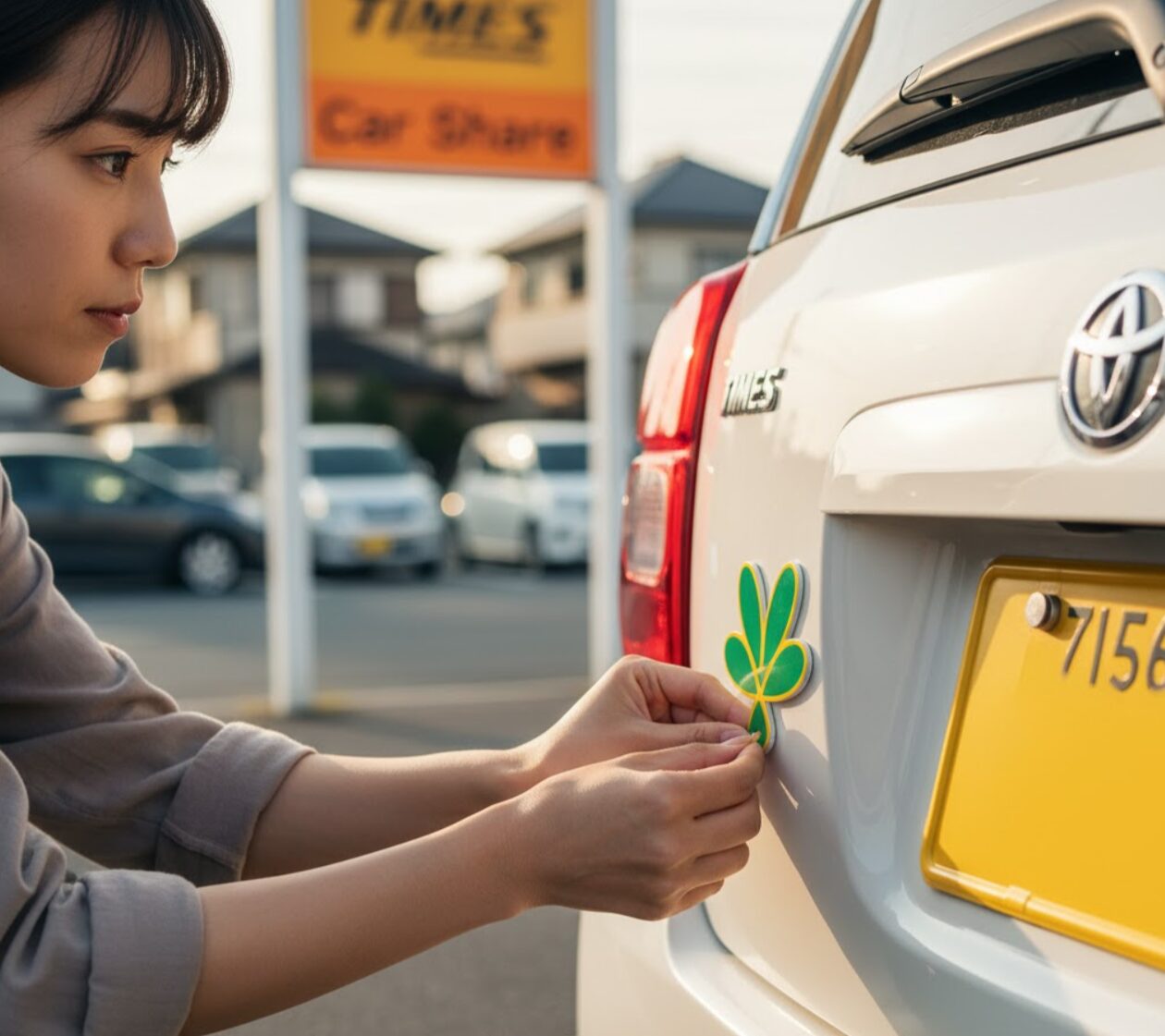 車のリアボディにマグネット式の初心者マークを貼り付けている手のクローズアップ。