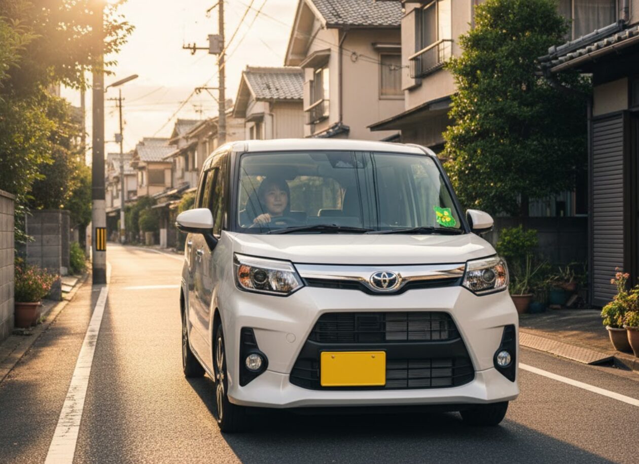 視界が良く運転しやすいコンパクトカー(ハイトワゴンタイプ)が日本の街中を走行している様子。