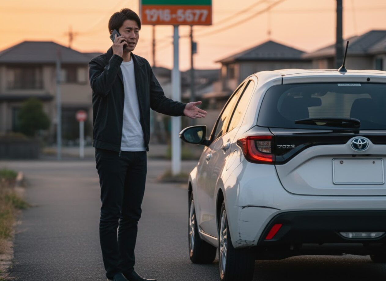 事故後、路肩に車を停めて安全な場所からスマートフォンで冷静に連絡をしている日本人男性ドライバー。