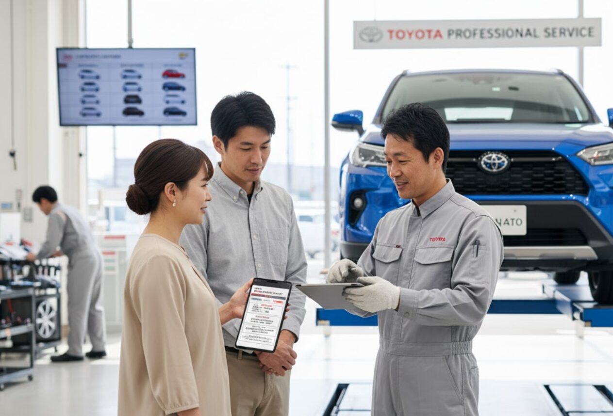 トヨタ正規販売店のサービスエリアで、整備士がタブレットを使って、オイル交換の時期や頻度について顧客に説明している。