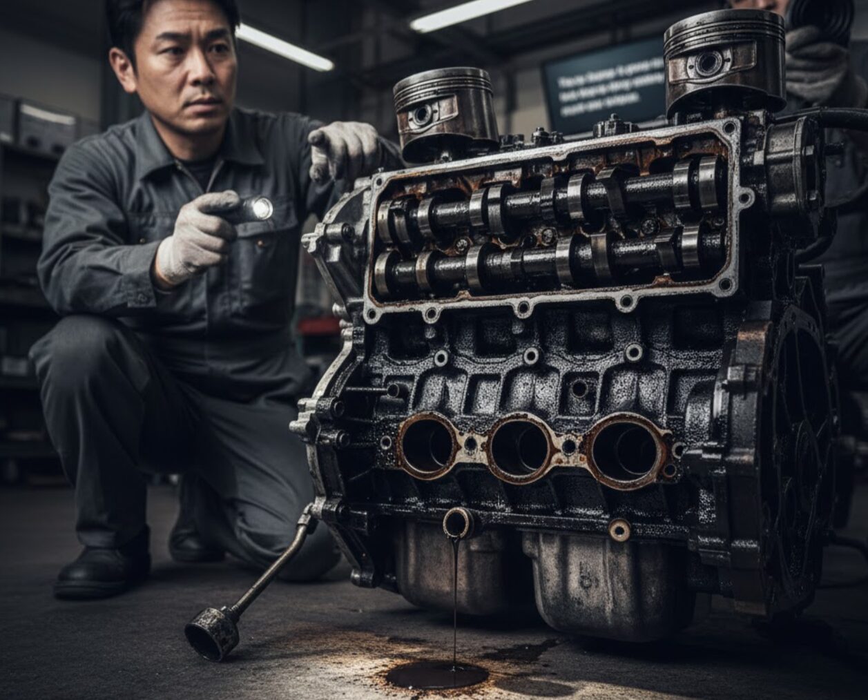 自動車整備士が、オイル漏れを起こし汚れて劣化した車のエンジンを点検している様子。