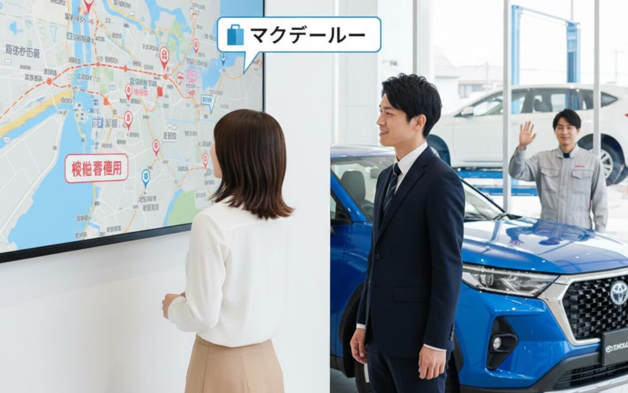 KINTOの顧客が大型ディスプレイで地図を見ながら最寄りのトヨタ正規販売店を探しており、別の販売店ではディーラースタッフが笑顔で手を振っている。