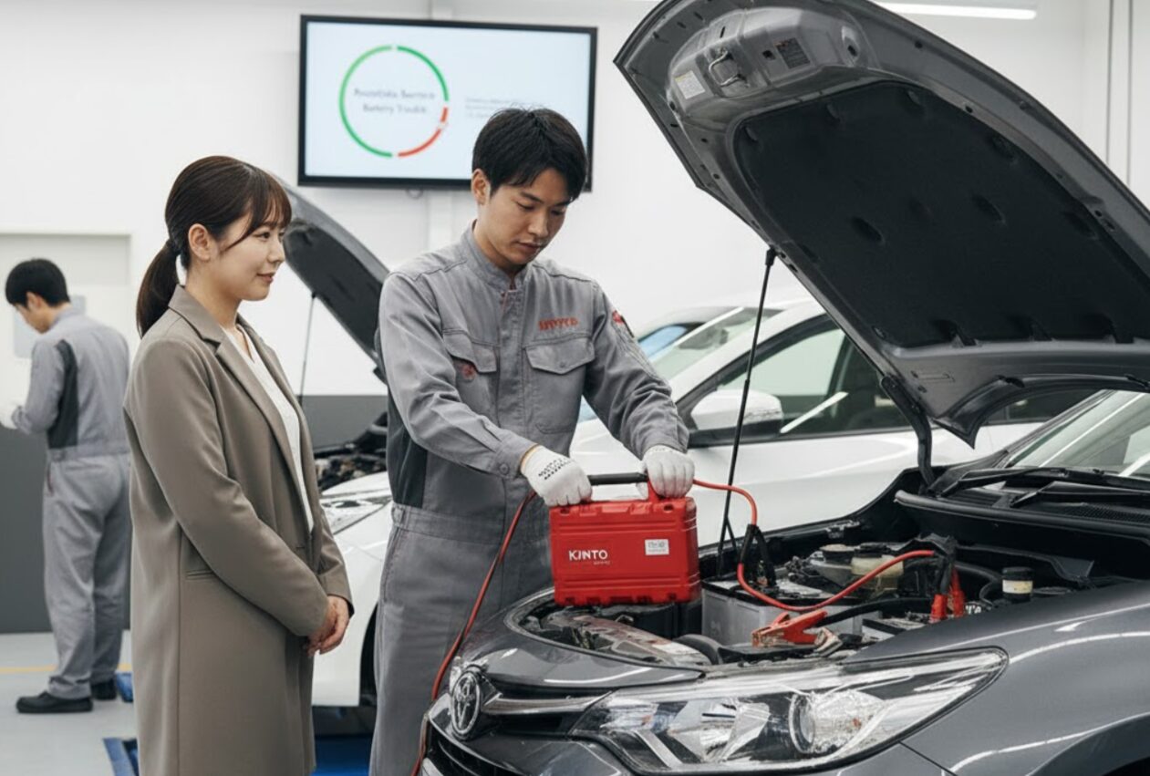 トヨタ正規販売店の整備士が、ボンネットを開けた車に携行型のジャンプスターターをつなぎ、バッテリー上がりで立ち往生した顧客の車に応急処置を施している。