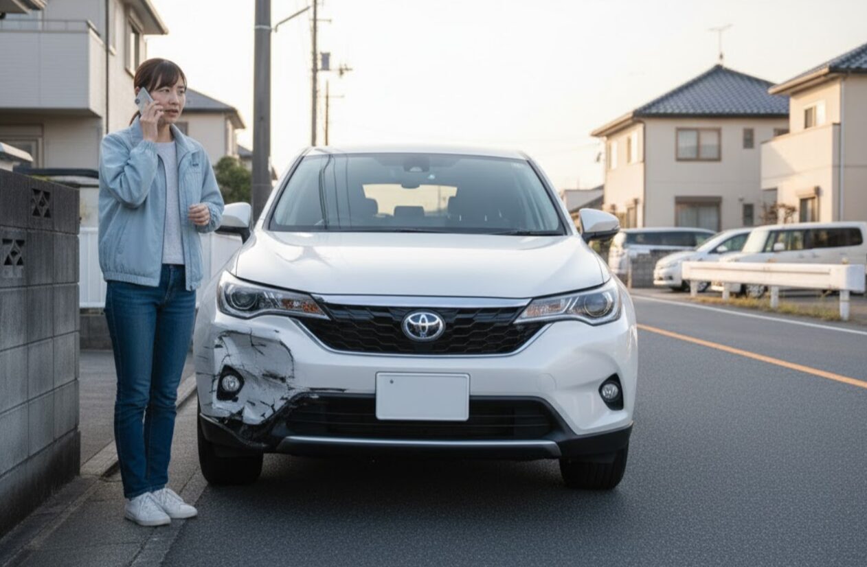 自宅の壁にKINTO車両を擦ってしまい、バンパーが損傷した状況で、事故受付センターに連絡をしている日本人女性。自損事故でも保険が適用されることを示唆する。