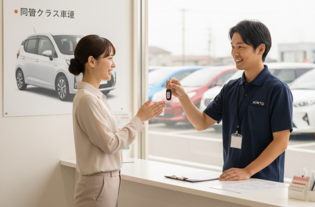 KINTOのディーラースタッフである日本人男性が、事故で修理中の顧客である日本人女性に代車のキーを笑顔で手渡している。背景には「代車サービス」のポスターが見える。