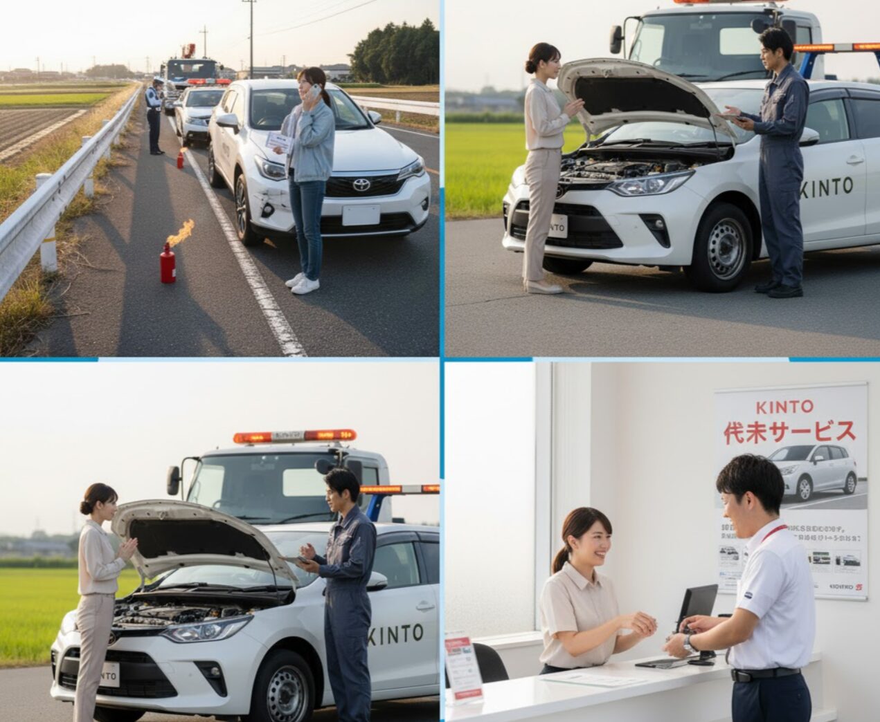 KINTO事故対応の包括的なサポートを示す4つの場面のコラージュ。事故現場での冷静な電話連絡、ロードサービスによる故障対応、修理期間中の代車受け取り、そしてディーラーでの相談風景が含まれている。