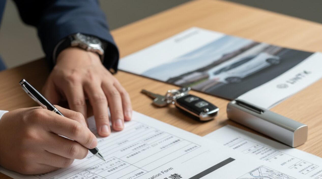 KINTO契約者が自宅で車庫証明に必要な自認書などの書類に記入しているクローズアップ。契約者側の準備作業を強調。