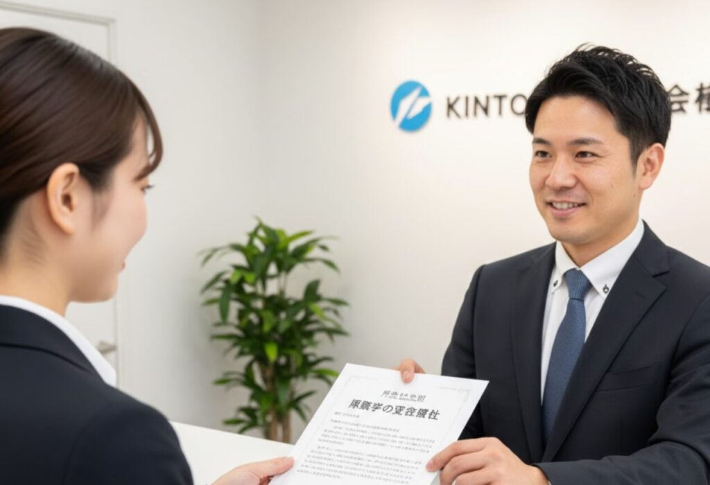 賃貸駐車場の契約者が不動産管理会社の窓口で、車庫証明に必要な保管場所使用承諾証明書を受け取っている様子。重要書類の入手。