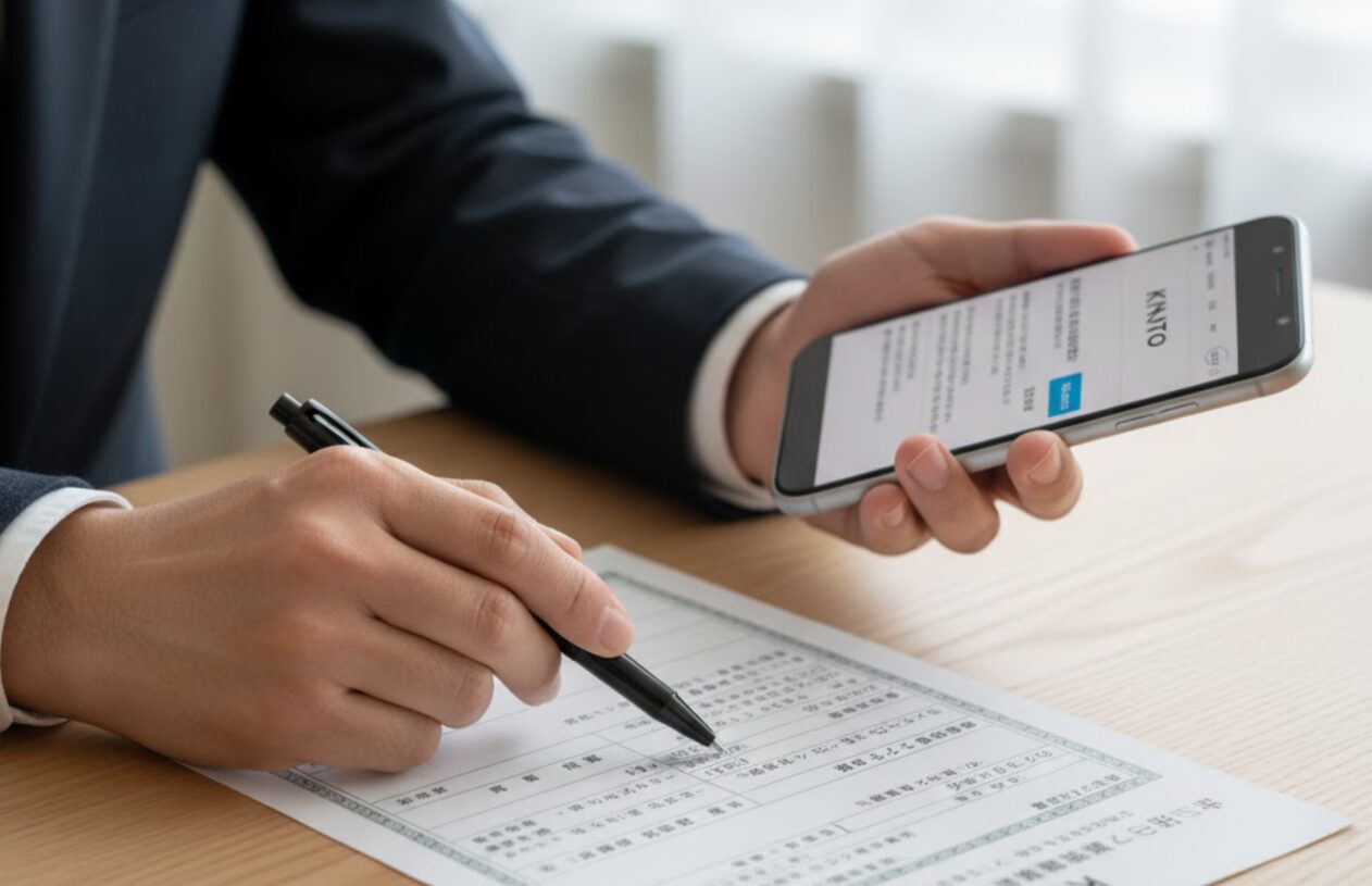 車検証(自動車検査証)の所有者と使用者の欄を指さして確認している様子。KINTOの所有権と使用者名義の関係を解説。