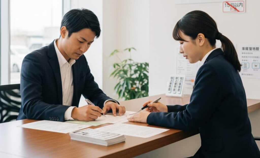 引っ越しに伴い、新しい住所の警察署で車庫証明の変更手続きを行う契約者の様子。法的義務と速やかな対応の重要性。