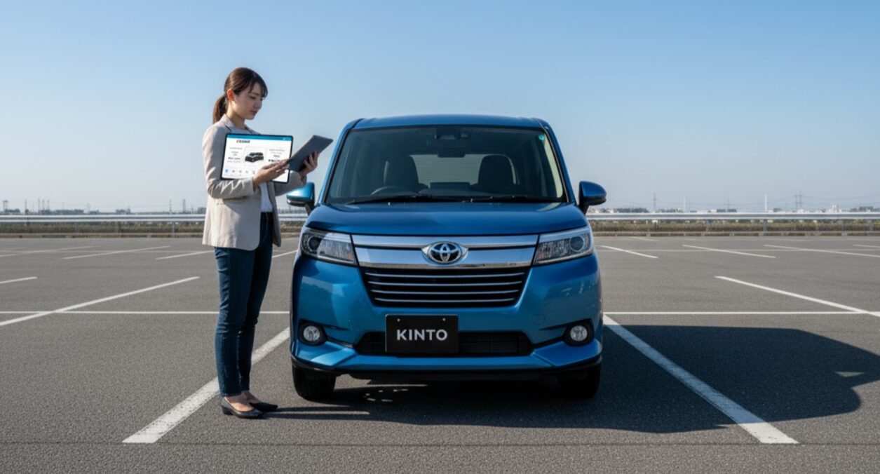 駐車場のルーミーの横で、2つの異なるキントの契約プランを比較検討している様子の日本人女性。スマートフォンとタブレットで情報を確認している。