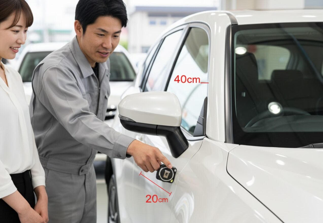 自動車ディーラーの整備士が、白い車についた傷の大きさをメジャーで測りながら、返却査定の基準について顧客の女性に説明している様子。