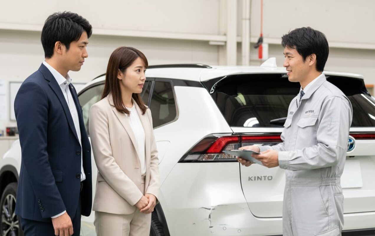 自動車ディーラーの整備士が、車の損傷についてKINTOの保険適用と自己負担額について顧客の夫婦に説明している様子。