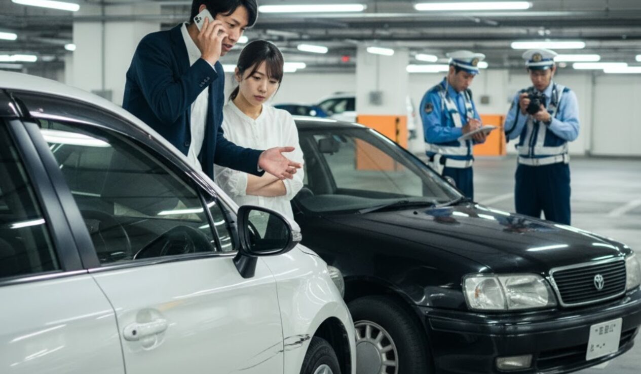 駐車場で当て逃げされたとみられる車の横で、男性が電話で警察に連絡し、女性が車の傷を確認している。奥では警察官が事故現場の状況を記録している。