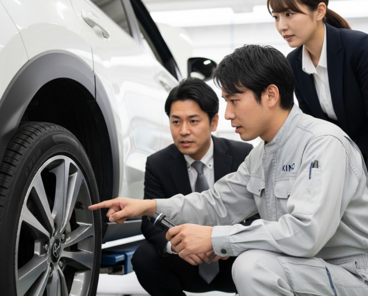 自動車ディーラーの整備士が、車のホイールにできた傷を顧客の夫婦に指差しながら説明し、注意を促している様子。