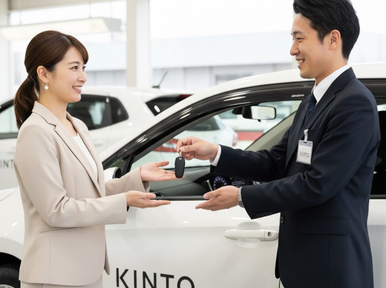 KINTOのロゴが入った車を背景に、ディーラーの男性スタッフが顧客の女性に車の鍵を返却している様子。