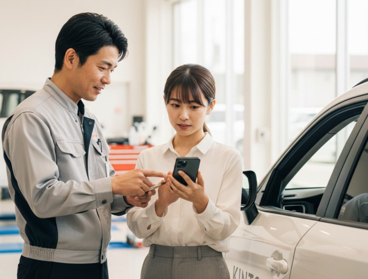 自動車ディーラーの整備士が、顧客の女性がスマートフォンで撮影した車の傷の写真を確認し、返却時の対応について相談に乗っている様子