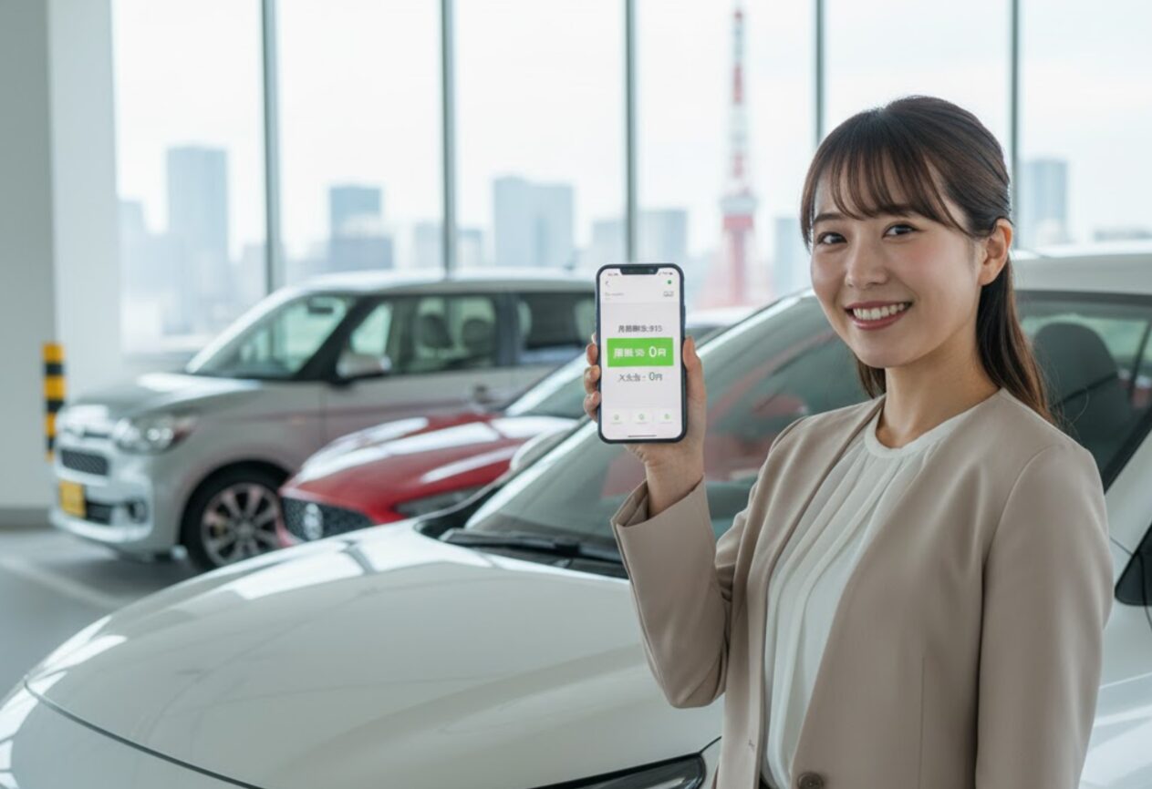 駐車場でカーシェアの料金が0円と表示されたスマホ画面を笑顔で見せる日本のビジネスウーマン。背景には都会の景色と駐車された車がある。