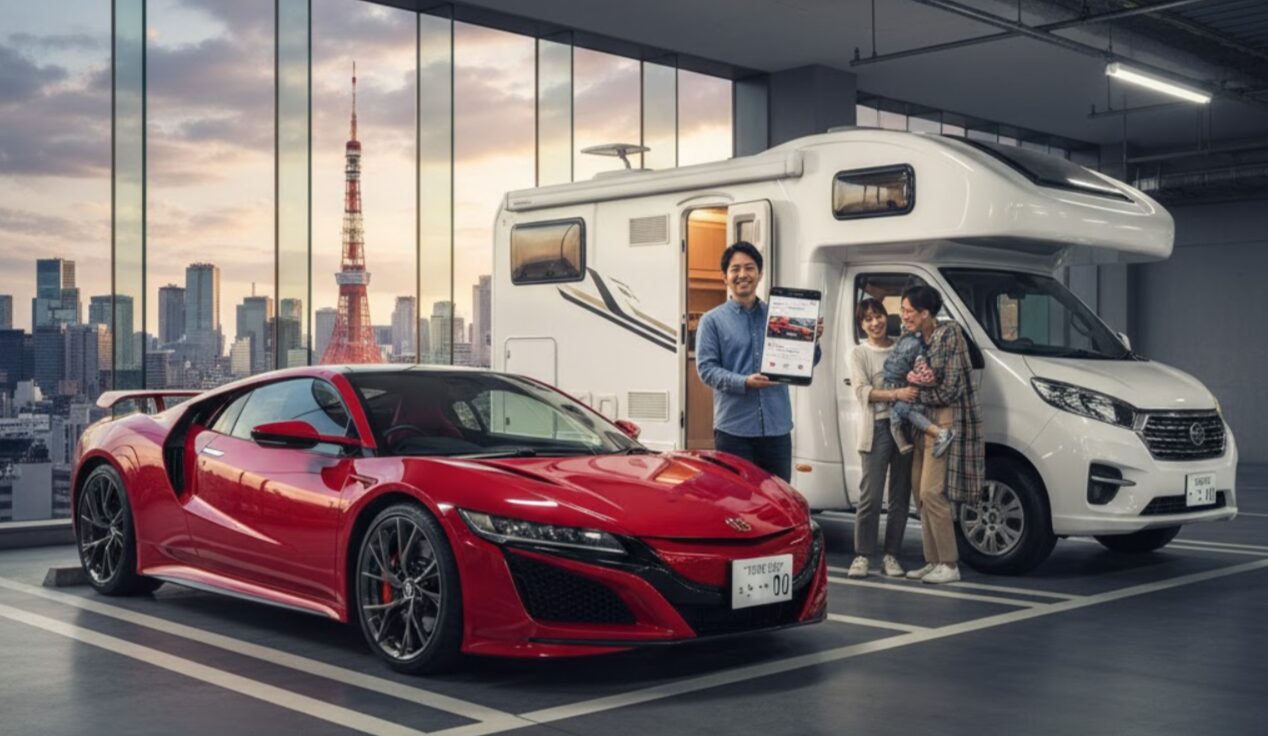 駐車場でカーシェアアプリを見せる男性と、その隣に立つ妻と赤ちゃん。手前には赤いスポーツカー、奥にはキャンピングカーがあり、窓の外には東京タワーが見える。