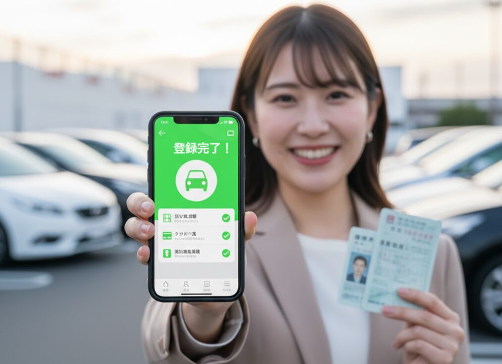 駐車場で運転免許証とカーシェア登録完了画面のスマートフォンを笑顔で掲げる若い日本人女性。