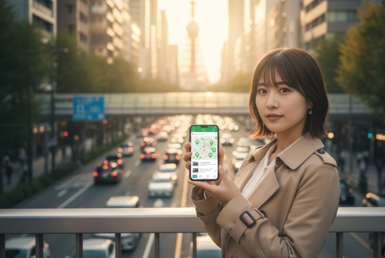 都会の歩道橋の上でカーシェアのステーション検索画面を表示したスマートフォンを差し出す日本の若い女性。背後には夕日と東京タワー、そして車の行き交う道路が見える。
